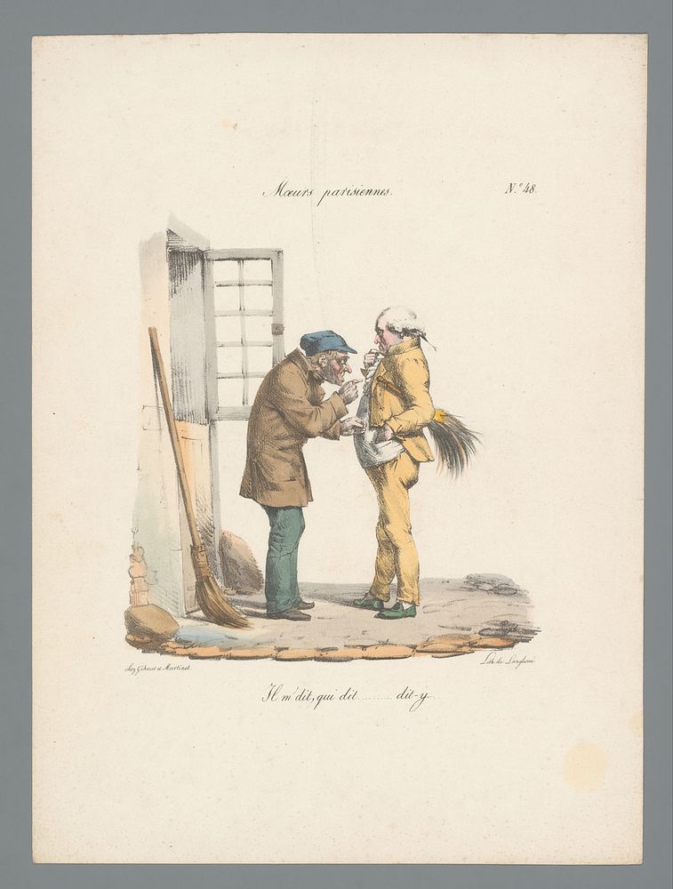 Twee mannen met bezems maken een praatje (1825) by Edme Jean Pigal, Pierre Langlumé and Gihaut et Martinet
