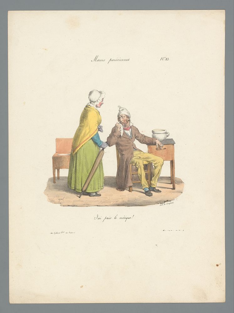 Vrouw met omslagdoek en paraplu bij grieperige man (1828) by Edme Jean Pigal, Pierre Langlumé, Gihaut frères and Martinet