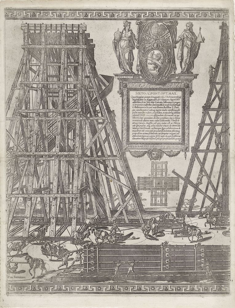 Het oprichten van de obelisk op het St. Pietersplein (1586) by Natale Bonifazio da Sebenico, Giovanni Guerra and Giovanni…