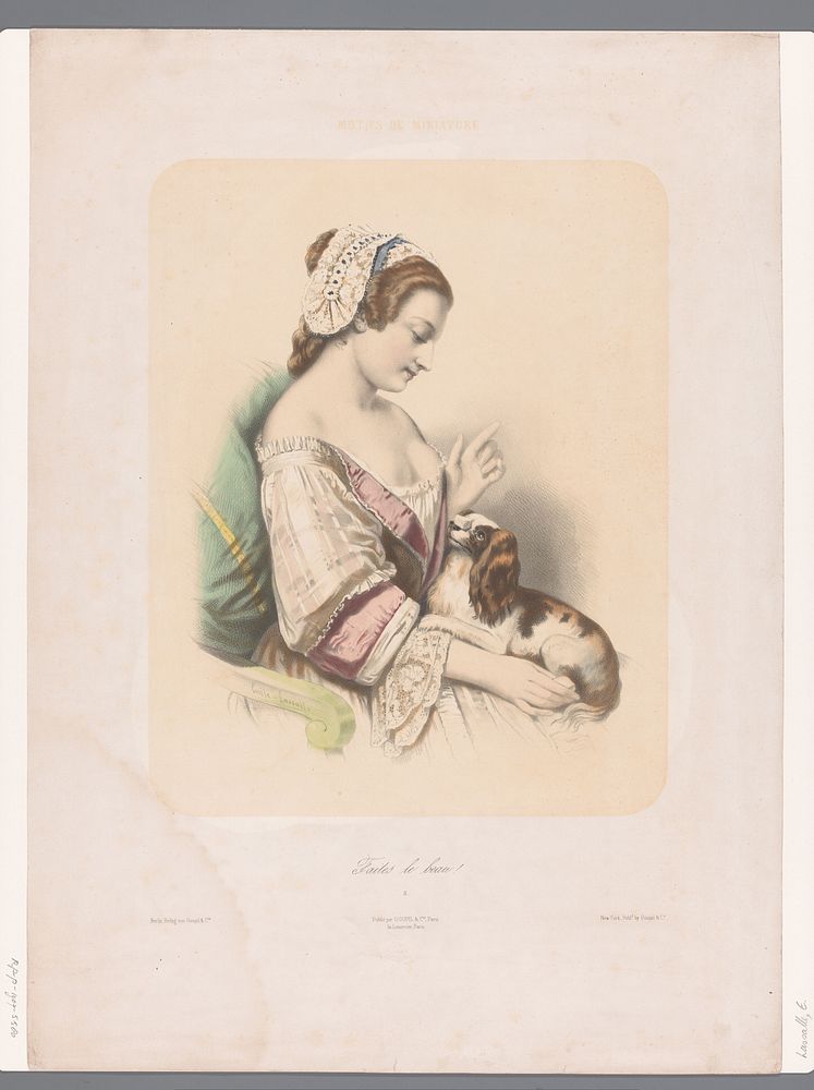 Jonge vrouw traint haar schoothond (1855 - 1858) by Émile Lassalle, Joseph Rose Lemercier and Goupil and Cie