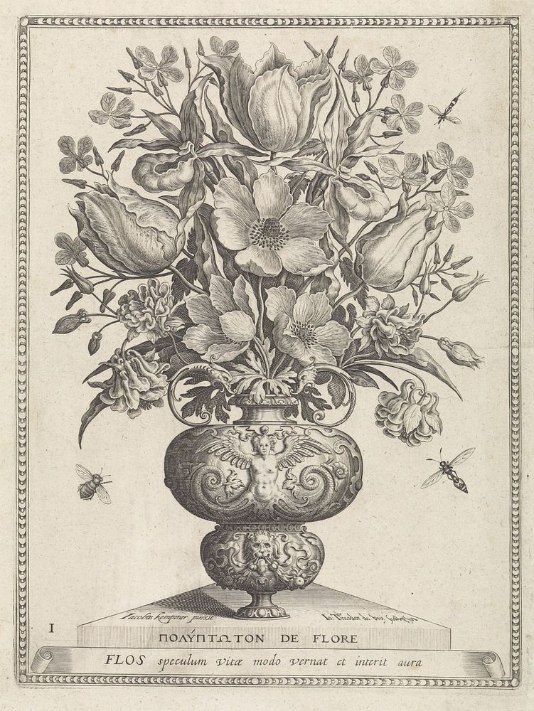 Bloemenvaas met hommel (c. 1600) by Johann Theodor de Bry and Jacobus Kempener