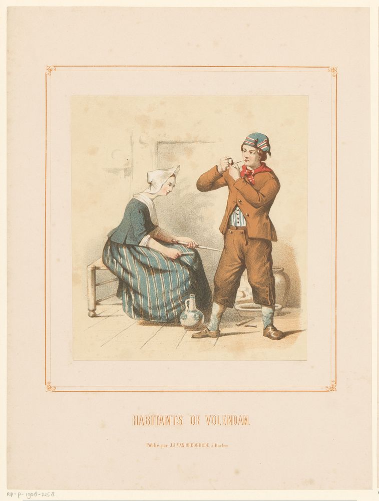 Volendamse man en vrouw in interieur (1849 - 1873) by Jan Striening and J J van Brederode