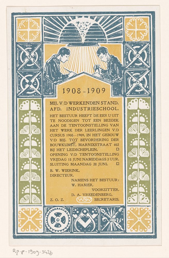 Uitnoodigingskaart voor een tentoonstelling van de My. v/d Werkenden stand afd. "Industrieschool" (1909) by Bernard Willem…