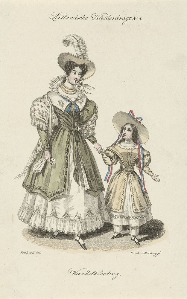 Hollandsche Kleederdragt no. 4: Vrouw en kind in wandelkleding (1832) by Elisabeth Barbara Schmetterling, Jonkvr X and…