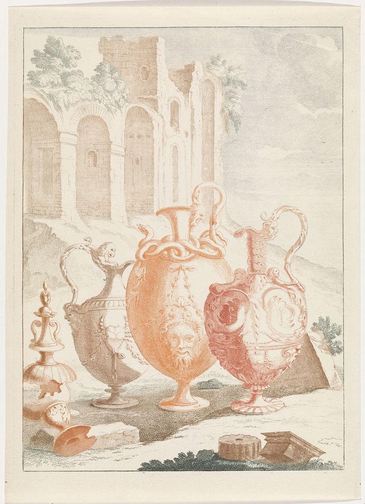 Landschap met ruïne en drie vazen (1688 - 1698) by anonymous and Johan Teyler