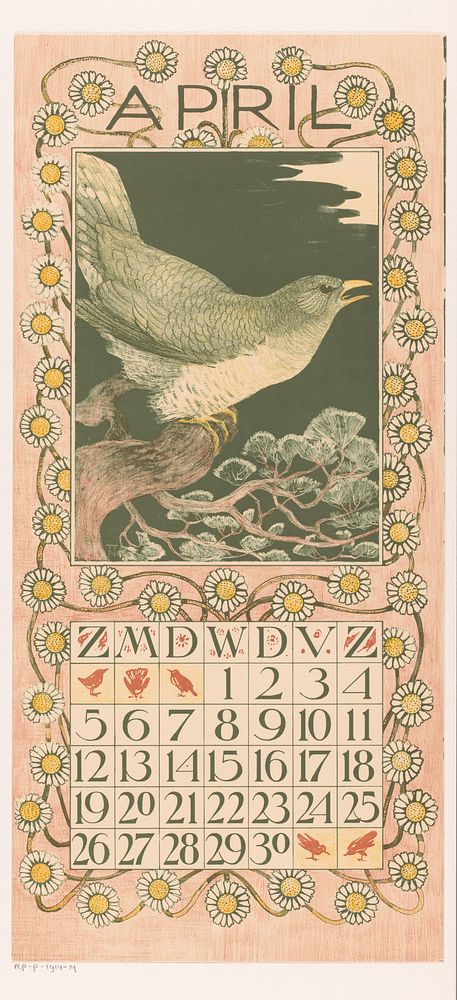 Kalenderblad april met koekoek (1902) by Theo van Hoytema, Tresling and Comp and Theo van Hoytema