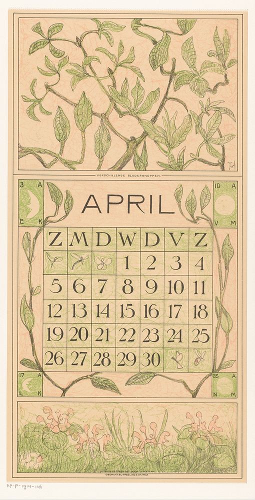Kalenderblad april met bladeren (1913) by Theo van Hoytema, Tresling and Comp and Firma Ferwerda en Tieman