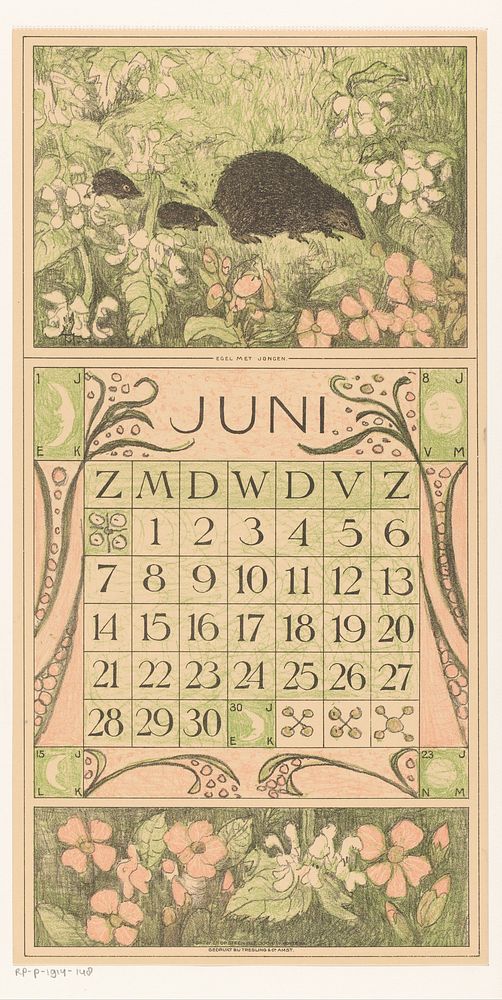 Kalenderblad juni met egels (1913) by Theo van Hoytema, Tresling and Comp and Firma Ferwerda en Tieman
