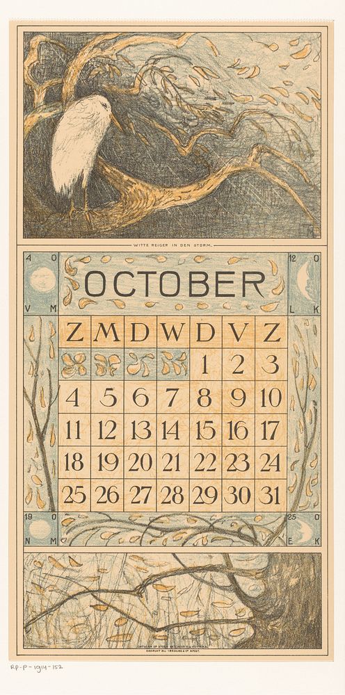 Kalenderblad oktober met reiger in de regen (1913) by Theo van Hoytema, Tresling and Comp and Firma Ferwerda en Tieman