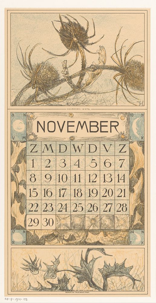 Kalenderblad november met distel (1913) by Theo van Hoytema, Tresling and Comp and Firma Ferwerda en Tieman