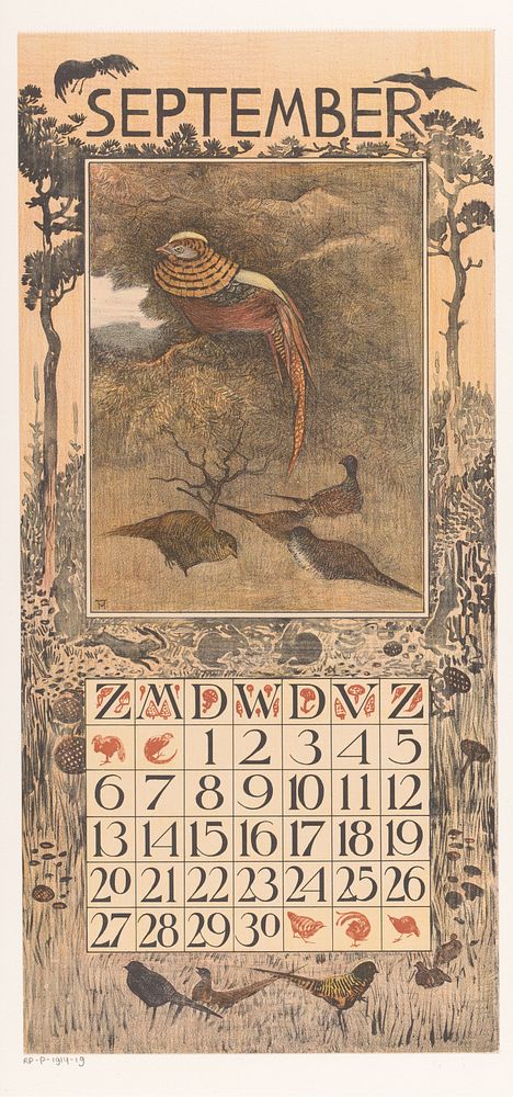 Kalenderblad september met fazanten (1902) by Theo van Hoytema, Tresling and Comp and Theo van Hoytema