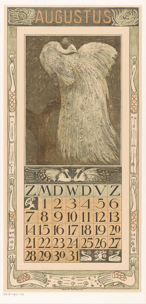 Kalenderblad augustus met witte pauw (1909) by Theo van Hoytema, Tresling and Comp and Firma Ferwerda en Tieman