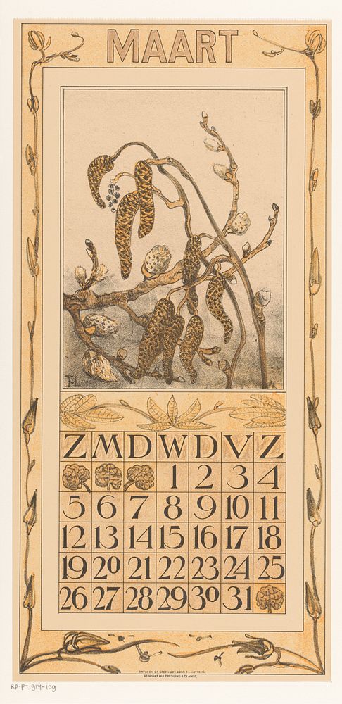 Kalenderblad maart met elzenkatjes (1910) by Theo van Hoytema, Tresling and Comp and Firma Ferwerda en Tieman