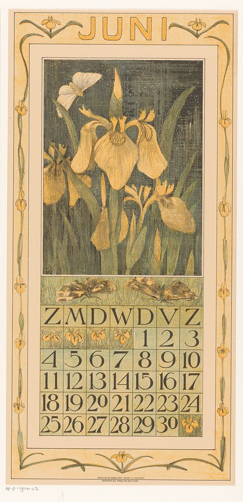 Kalenderblad met lissen en een mot (1910) by Theo van Hoytema, Tresling and Comp and Firma Ferwerda en Tieman