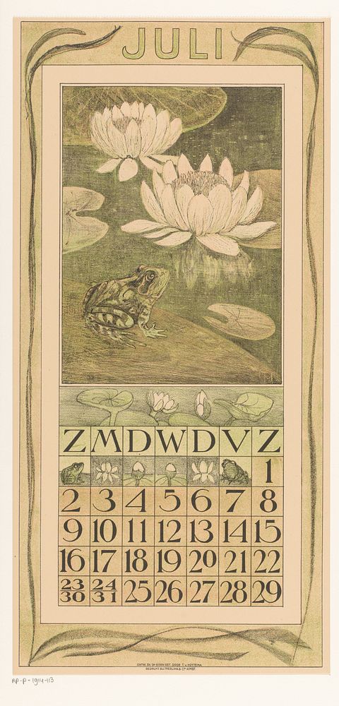 Kalenderblad juli met kikker en waterlelies (1910) by Theo van Hoytema, Tresling and Comp and Firma Ferwerda en Tieman