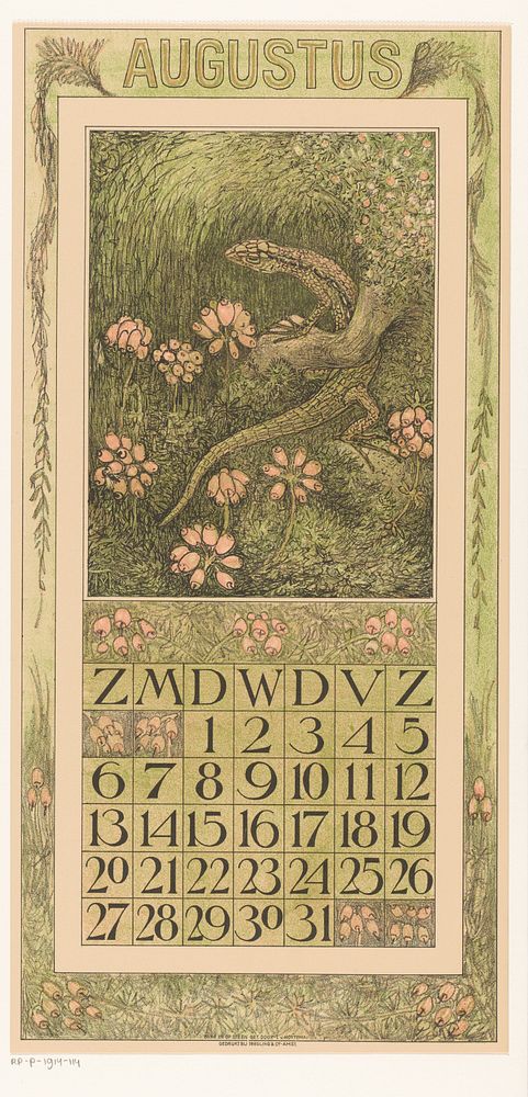 Kalenderblad augustus met hagedis en dopheide (1910) by Theo van Hoytema, Tresling and Comp and Firma Ferwerda en Tieman