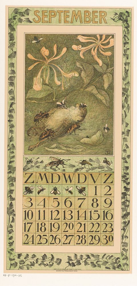 Kalenderblad september met dode mus en kevers (1910) by Theo van Hoytema, Tresling and Comp and Firma Ferwerda en Tieman