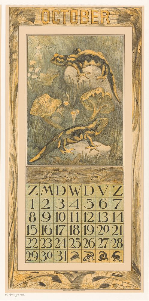 Kalenderblad oktober met salamanders (1910) by Theo van Hoytema, Tresling and Comp and Firma Ferwerda en Tieman