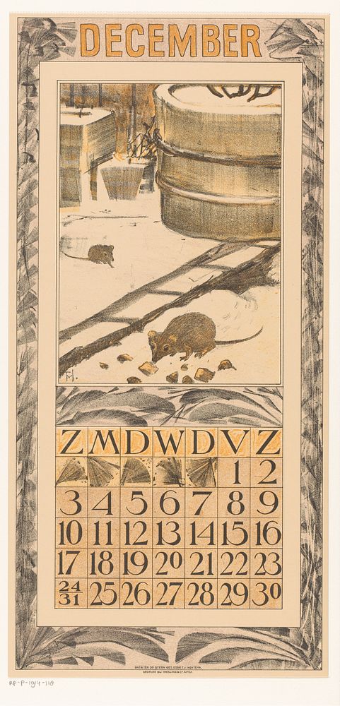 Kalenderblad december met muizen in de sneeuw (1910) by Theo van Hoytema, Tresling and Comp and Firma Ferwerda en Tieman