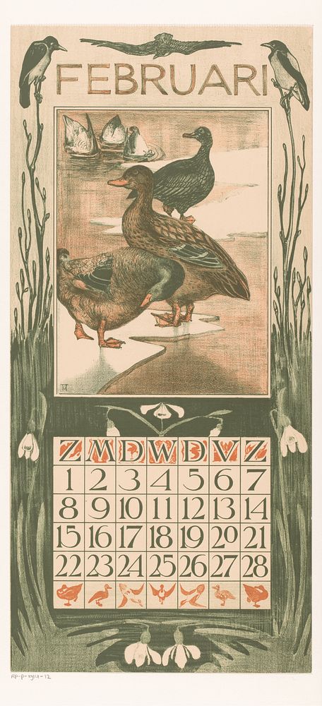 Kalenderblad februari met eenden (1902) by Theo van Hoytema, Tresling and Comp and Theo van Hoytema