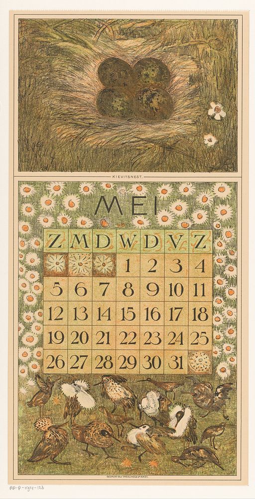 Kalenderblad mei met kievitsnest (1911) by Theo van Hoytema, Tresling and Comp and Firma Ferwerda en Tieman