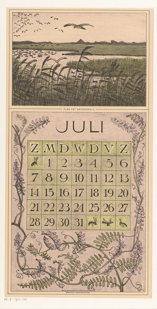 Kalenderblad juli met landschap met vogels (1911) by Theo van Hoytema, Tresling and Comp and Firma Ferwerda en Tieman