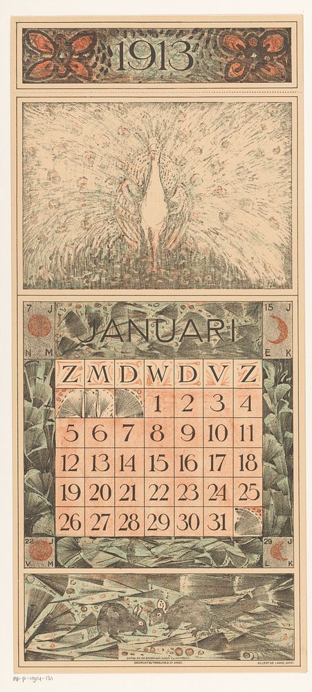 Kalenderblad januari met pronkende pauw (1912) by Theo van Hoytema, Tresling and Comp, Allart de Lange and Firma Ferwerda en…