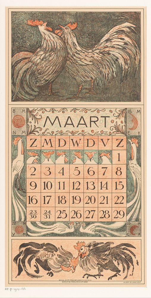 Kalenderblad maart met twee hanen (1912) by Theo van Hoytema, Tresling and Comp, Allart de Lange and Firma Ferwerda en Tieman