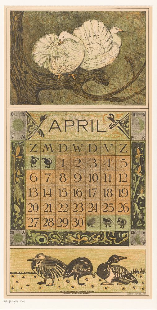 Kalenderblad april met twee duiven (1912) by Theo van Hoytema, Tresling and Comp, Allart de Lange and Firma Ferwerda en…