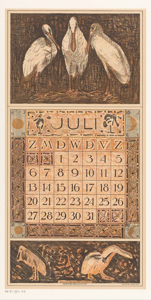 Kalenderblad juli met lepelaars (1912) by Theo van Hoytema, Tresling and Comp, Allart de Lange and Firma Ferwerda en Tieman