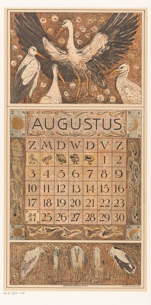 Kalenderblad augustus met ooievaars (1912) by Theo van Hoytema, Tresling and Comp, Allart de Lange and Firma Ferwerda en…