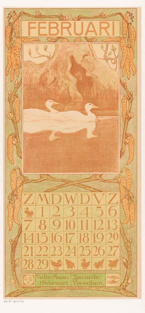 Kalenderblad februari met eenden (1903) by Theo van Hoytema, Tresling and Comp and Theo van Hoytema