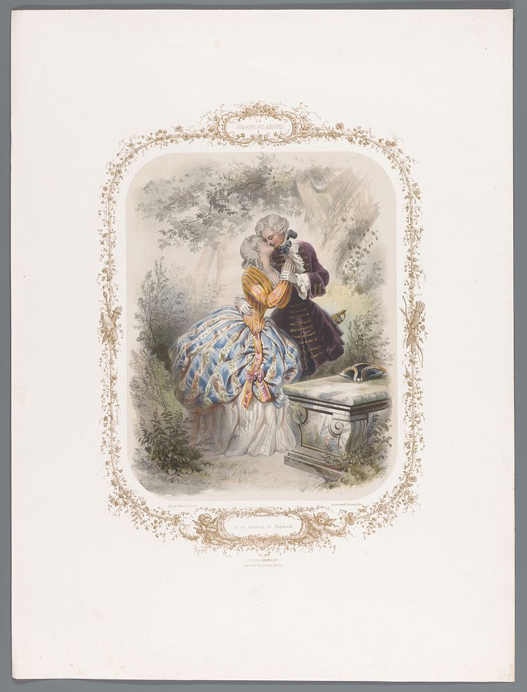 Twee geliefden kussen elkaar (1852 - 1857) by Ernest Jaime, Eugène Guérard, Jacomme and Cie and Goupil and Cie