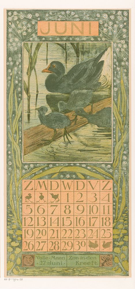 Kalenderblad juni met zwarte eend (1903) by Theo van Hoytema, Tresling and Comp and Theo van Hoytema