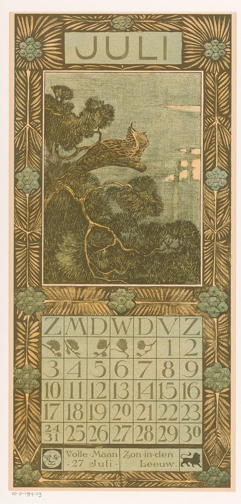 Kalenderblad juli met koekoek (1903) by Theo van Hoytema, Tresling and Comp and Theo van Hoytema