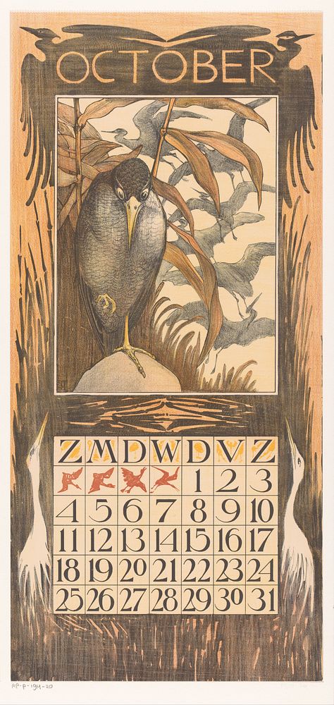 Kalenderblad oktober met vogel op een poot (1902) by Theo van Hoytema, Tresling and Comp and Theo van Hoytema