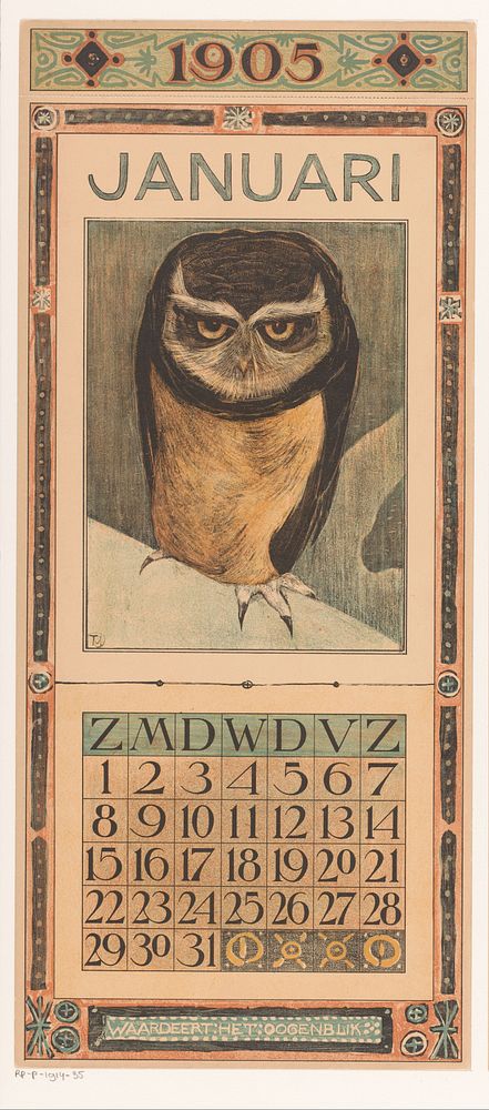 Kalenderblad januari met uil (1904) by Theo van Hoytema, Tresling and Comp and Theo van Hoytema