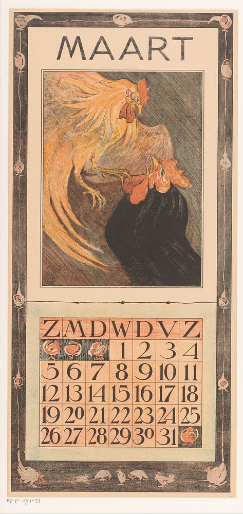 Kalenderblad maart met twee hanen (1904) by Theo van Hoytema, Tresling and Comp and Theo van Hoytema