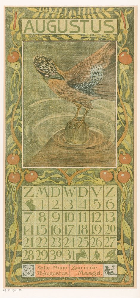 Kalenderblad augustus met Vlaamse gaai (1903) by Theo van Hoytema, Tresling and Comp and Theo van Hoytema