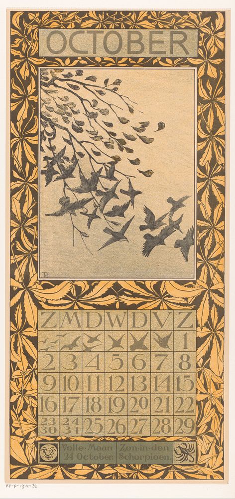 Kalenderblad oktober met bladeren en vogels (1903) by Theo van Hoytema, Tresling and Comp and Theo van Hoytema