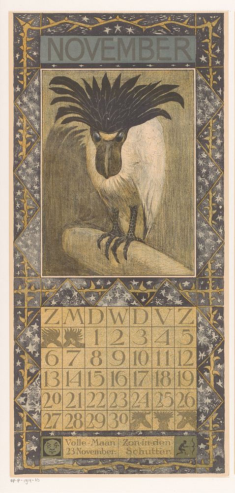 Kalenderblad november met een schuitbekreiger (1903) by Theo van Hoytema, Tresling and Comp and Theo van Hoytema