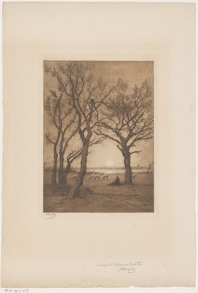 Landschap met schapen bij zonsondergang (1903 - 1914) by Alphonse Stengelin, jonkheer Hendrik Teding van Berkhout 1879 1969…