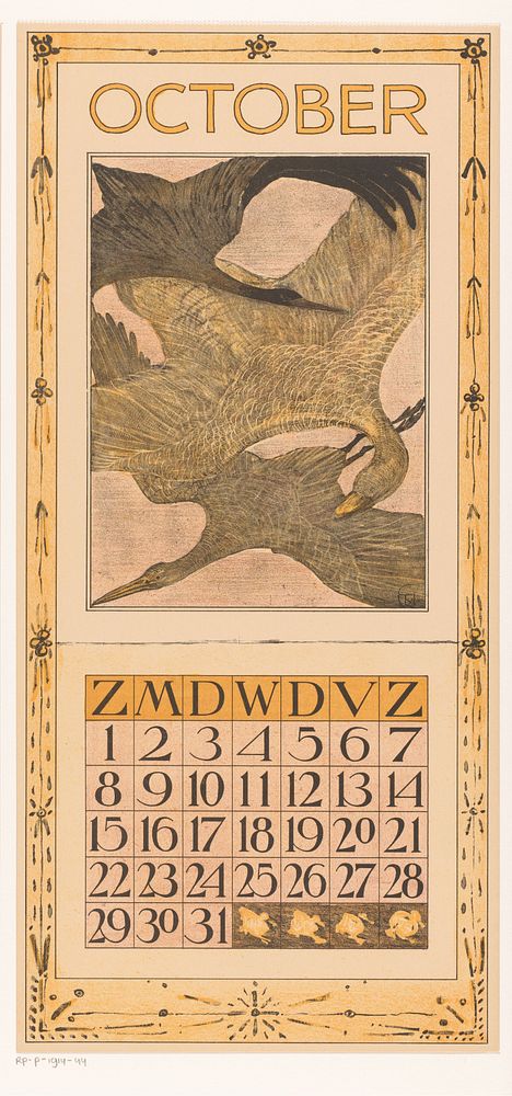 Kalenderblad oktober met drie vogels (1904) by Theo van Hoytema, Tresling and Comp and Theo van Hoytema