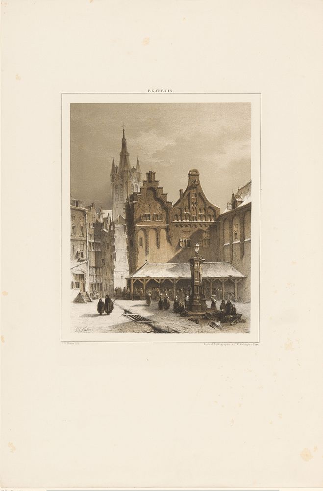 Plein met markt en waterpomp (1847 - 1865) by Petrus Gerardus Vertin, Petrus Gerardus Vertin and Koninklijke Nederlandse…