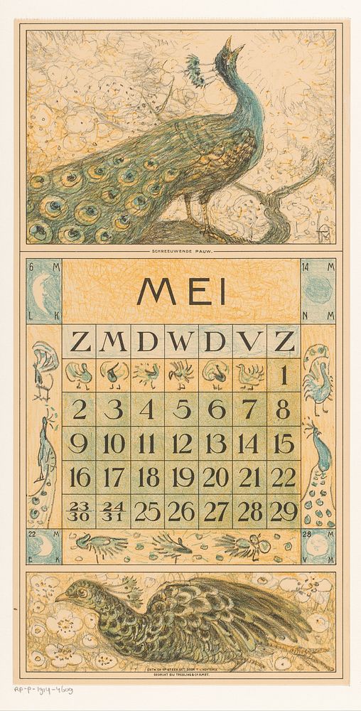Kalenderblad mei met pauw (1914) by Theo van Hoytema, Tresling and Comp, Allart de Lange and Firma Ferwerda en Tieman