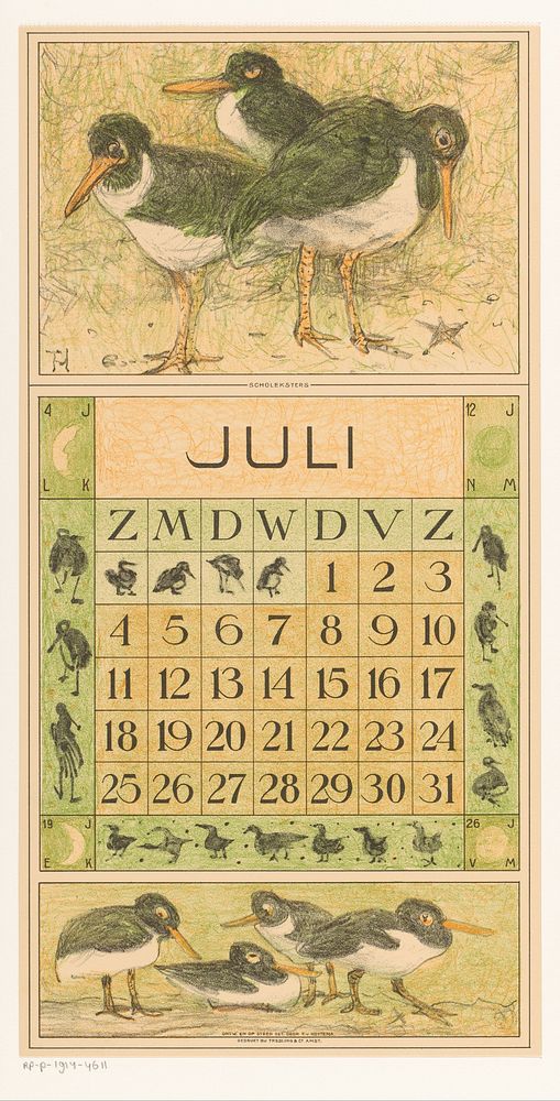 Kalenderblad juli met scholeksters (1914) by Theo van Hoytema, Tresling and Comp, Allart de Lange and Firma Ferwerda en…