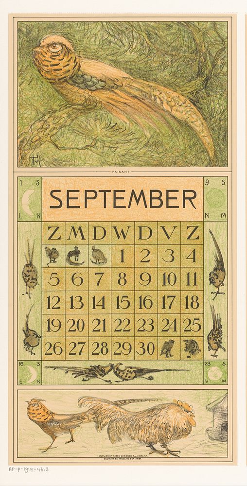 Kalenderblad september met goudfazant (1914) by Theo van Hoytema, Tresling and Comp, Allart de Lange and Firma Ferwerda en…