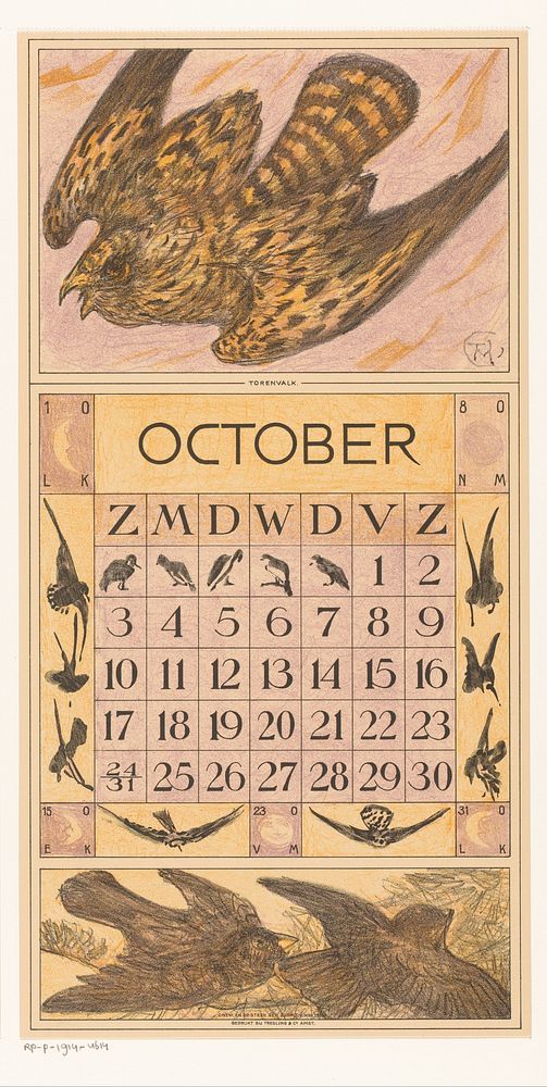 Kalenderblad oktober met torenvalk (1914) by Theo van Hoytema, Tresling and Comp, Allart de Lange and Firma Ferwerda en…