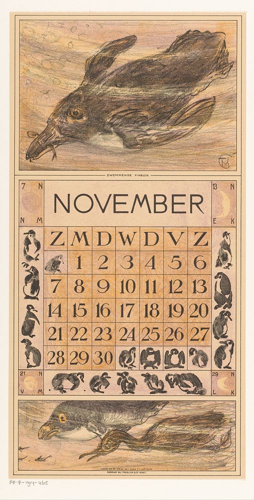 Kalenderblad november met zwemmende pinguïn (1914) by Theo van Hoytema, Tresling and Comp, Allart de Lange and Firma…