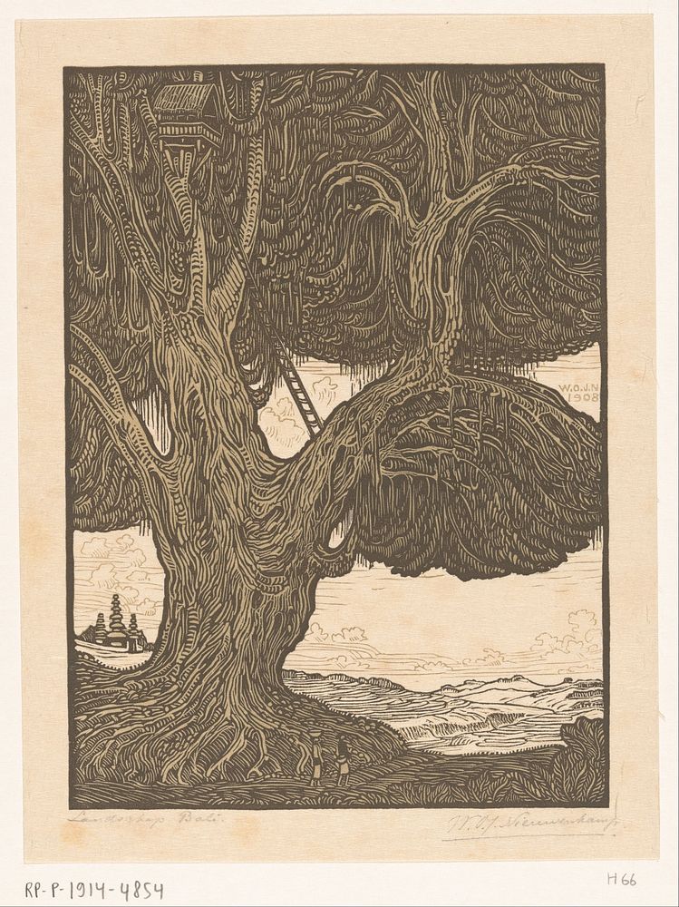 Waringin met boomhut in het zuiden van Bali (1908) by Wijnand Otto Jan Nieuwenkamp